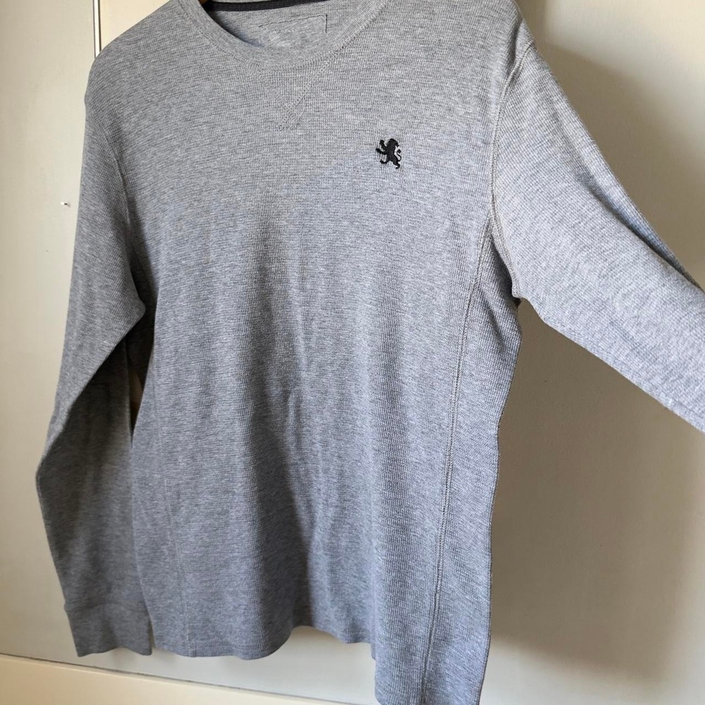 Express Lion Embroidered Waffle Knit Thermal Long Sleeve Shirt‎ Mens L Gray Y2K